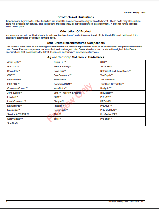 JOHN DEERE RT1007 ROTARY TILLER PC12268 - PARTS CATALOG MANUAL