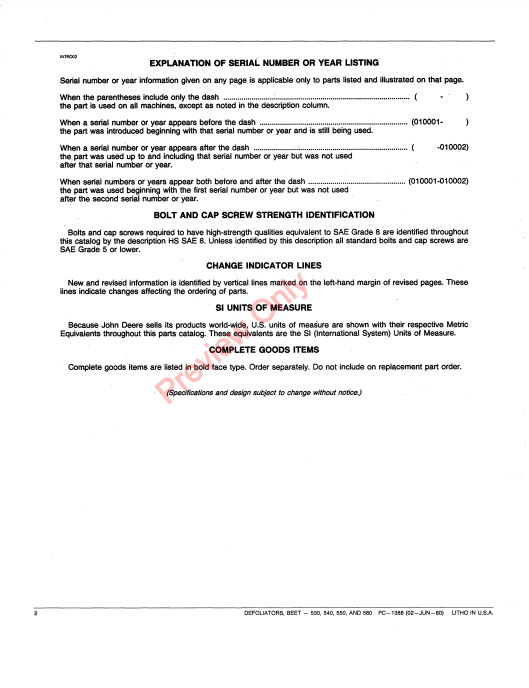 JOHN DEERE 530, 540, 550, 560 BEET DEFOLIATORS PC1388 - PARTS CATALOG MANUAL