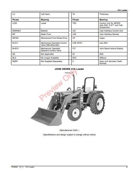 JOHN DEERE 510 LOADER PC9295 - PARTS CATALOG MANUAL