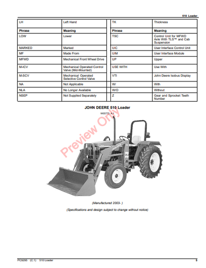 JOHN DEERE 510 LOADER PC9295 - PARTS CATALOG MANUAL