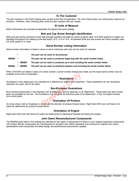 JOHN DEERE RT5427 ROTARY TILLER PC16161 - PARTS CATALOG MANUAL