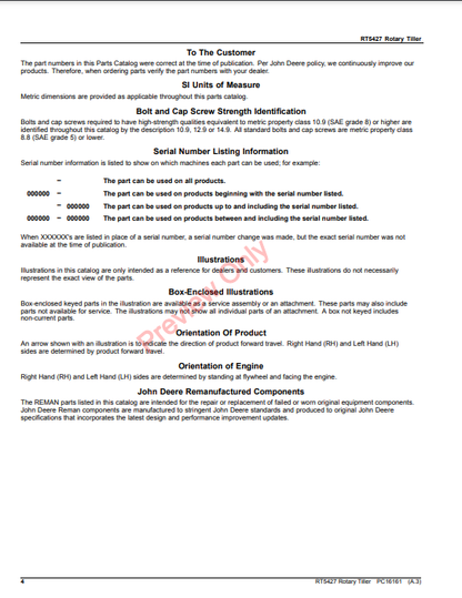 JOHN DEERE RT5427 ROTARY TILLER PC16161 - PARTS CATALOG MANUAL