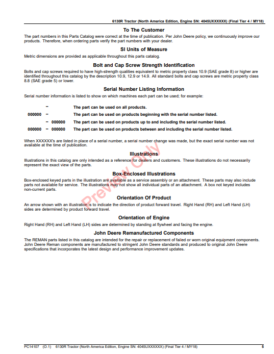 JOHN DEERE 6130R TRACTOR (NORTH AMERICA EDITION, ENGINE SN:4045UXXXXXX) (FINAL TIER 4/MY18) PC14107 - PARTS CATALOG MANUAL