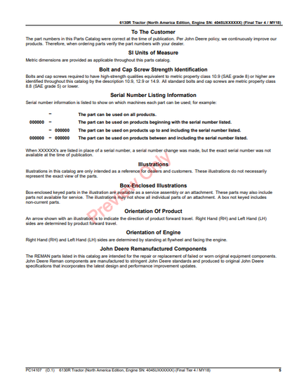 JOHN DEERE 6130R TRACTOR (NORTH AMERICA EDITION, ENGINE SN:4045UXXXXXX) (FINAL TIER 4/MY18) PC14107 - PARTS CATALOG MANUAL