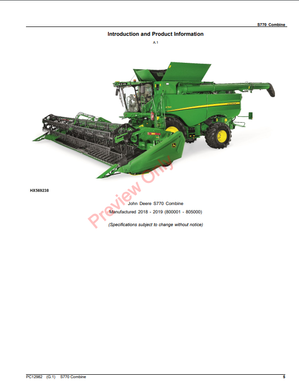 JOHN DEERE S770 COMBINE PC12982 - PARTS CATALOG MANUAL