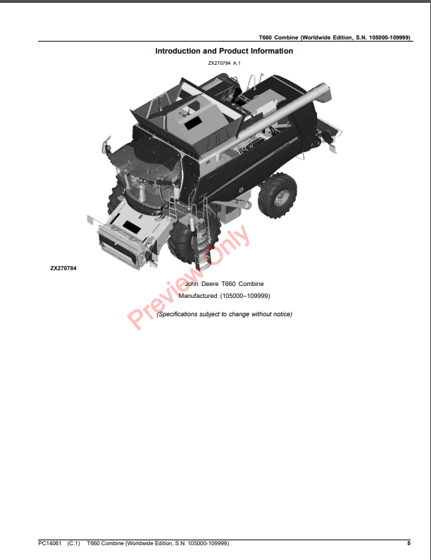 JOHN DEERE T660 COMBINE PC14061 - PARTS CATALOG MANUAL