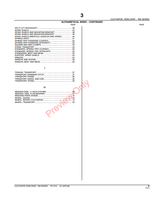 JOHN DEERE RM SERIES TWO-CROP CULTIVATORS PC1273 - PARTS CATALOG MANUAL