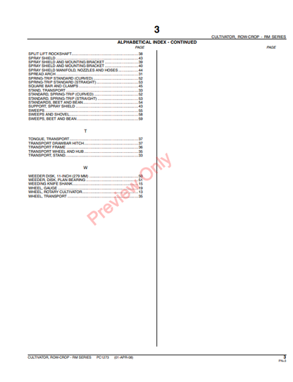 JOHN DEERE RM SERIES TWO-CROP CULTIVATORS PC1273 - PARTS CATALOG MANUAL