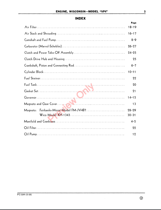 JOHN DEERE WISCONSIN ENGINE - MODEL 'VP4' PC594 - PARTS CATALOG MANUAL