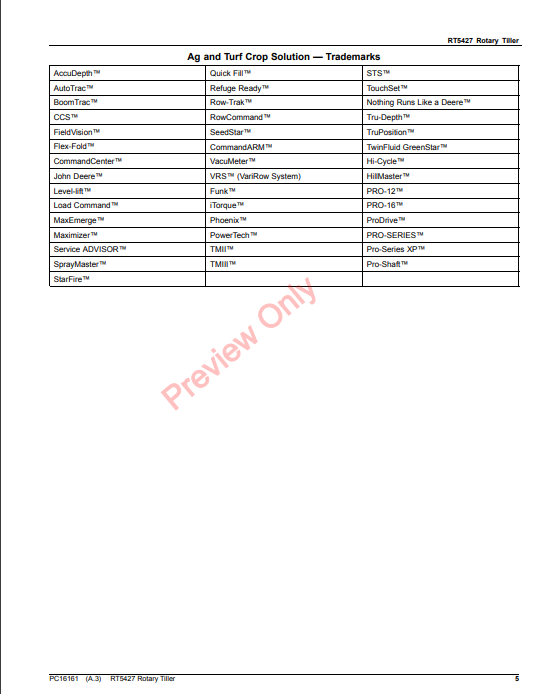 JOHN DEERE RT5427 ROTARY TILLER PC16161 - PARTS CATALOG MANUAL