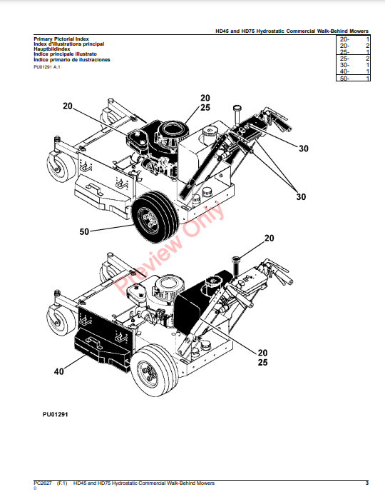 JOHN DEERE HD45 AND HD75 HYDROSTATIC COMMERCIAL WALK-DEHIND MOWERS PC2627 - PARTS CATALOG MANUAL