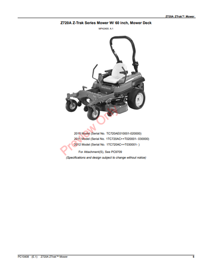 JOHN DEERE Z720A ZTRAK MOWER PC10408 - PARTS CATALOG MANUAL