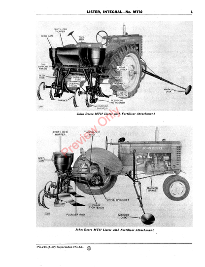 JOHN DEERE INTEGRAL LISTER - NO.MT30 PC243 - PARTS CATALOG MANUAL