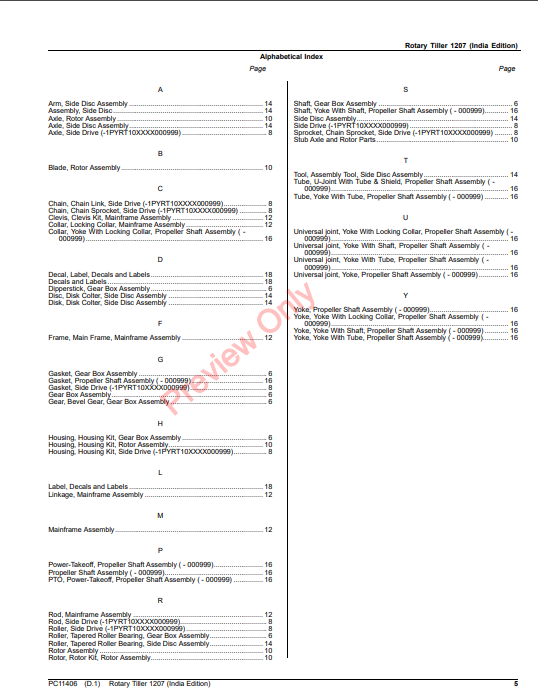 JOHN DEERE ROTARY TILLER 1207 (INDIA EDITION) PC11406 - PARTS CATALOG MANUAL