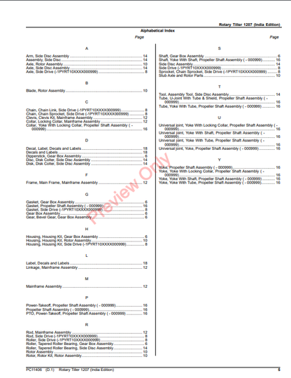 JOHN DEERE ROTARY TILLER 1207 (INDIA EDITION) PC11406 - PARTS CATALOG MANUAL