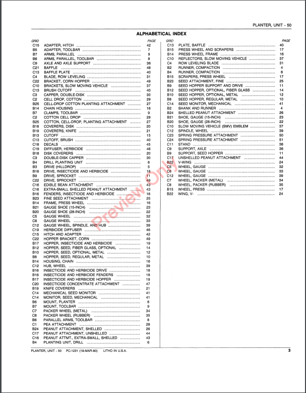 JOHN DEERE 50 UNIT PLANTER PC1231 - PARTS CATALOG MANUAL