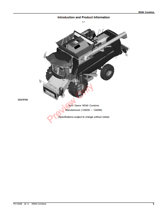 JOHN DEERE W540 COMBINE PC14259 - PARTS CATALOG MANUAL