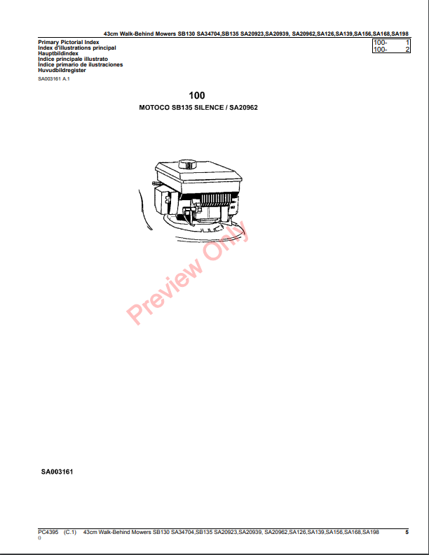 JOHN DEERE 43CM WALK-BEHIND MOWERS 2-CYCLE ENGINE SB130, SA34704, SB135, SA20923, SA20939, SA20962, SA126, SA139, SA PC4395 - PARTS CATALOG MANUAL