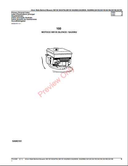 JOHN DEERE 43CM WALK-BEHIND MOWERS 2-CYCLE ENGINE SB130, SA34704, SB135, SA20923, SA20939, SA20962, SA126, SA139, SA PC4395 - PARTS CATALOG MANUAL