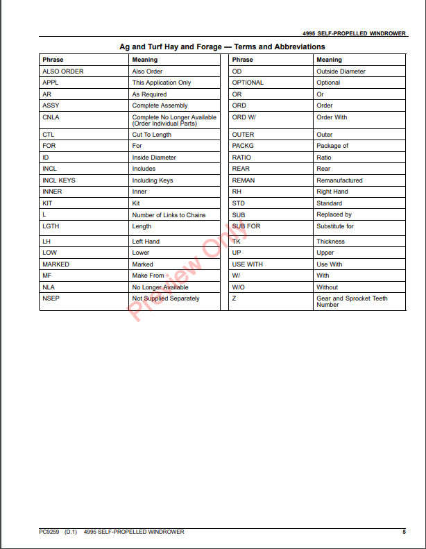 JOHN DEERE 4995 SELF-PROPELLED WINDROWER PC9259 - PARTS CATALOG MANUAL