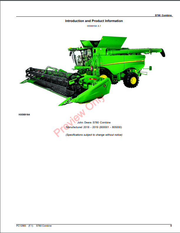 JOHN DEERE S780 COMBINE PC12983 - PARTS CATALOG MANUAL