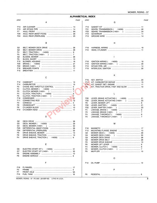 JOHN DEERE 57 RIDING MOWER PC1253 - PARTS CATALOG MANUAL