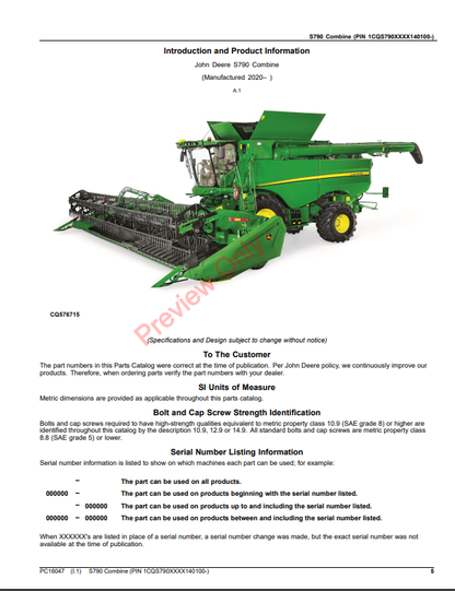 JOHN DEERE S790 COMBINE PC16047 - PARTS CATALOG MANUAL