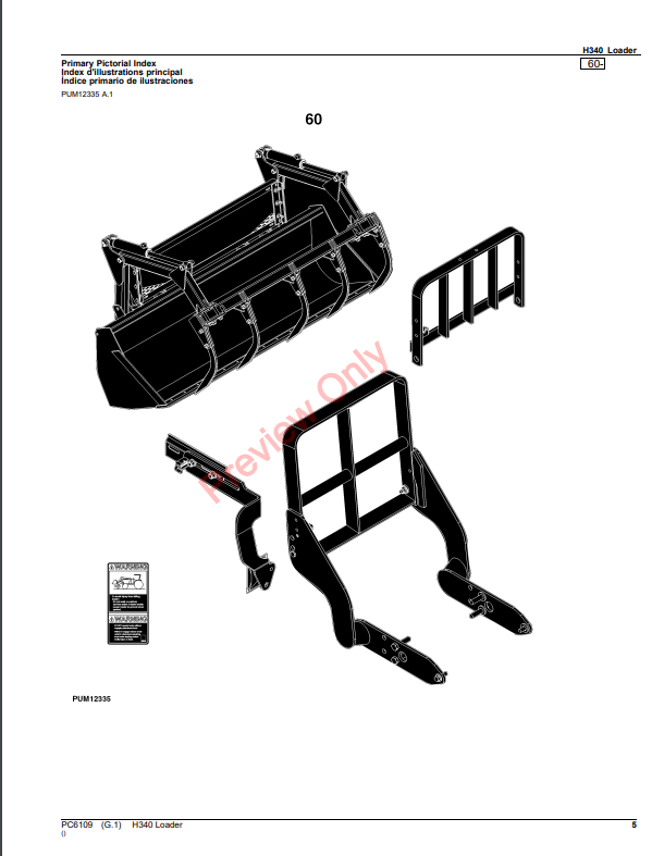 JOHN DEERE H340 LOADER PC6109 - PARTS CATALOG MANUAL