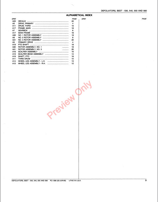 JOHN DEERE 530, 540, 550, 560 BEET DEFOLIATORS PC1388 - PARTS CATALOG MANUAL