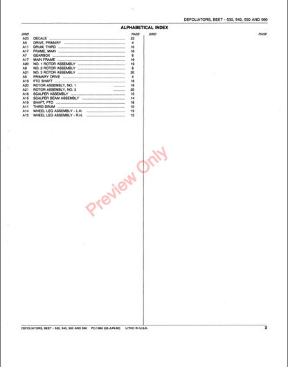 JOHN DEERE 530, 540, 550, 560 BEET DEFOLIATORS PC1388 - PARTS CATALOG MANUAL