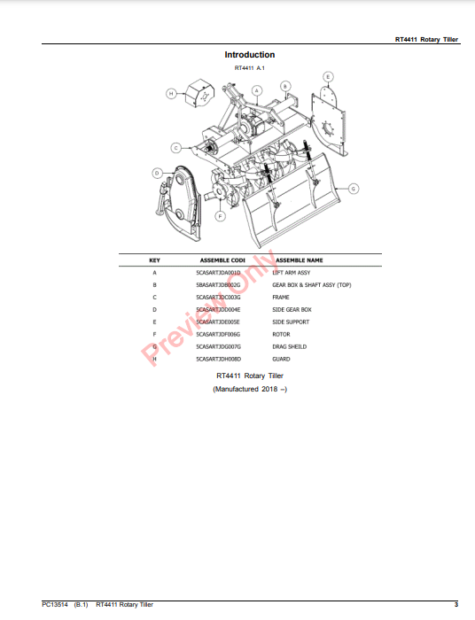 JOHN DEERE RT4411 ROTARY TILLER PC13514 - PARTS CATALOG MANUAL