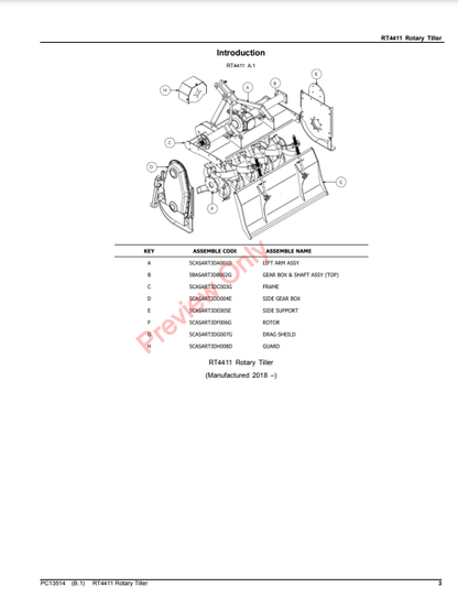 JOHN DEERE RT4411 ROTARY TILLER PC13514 - PARTS CATALOG MANUAL