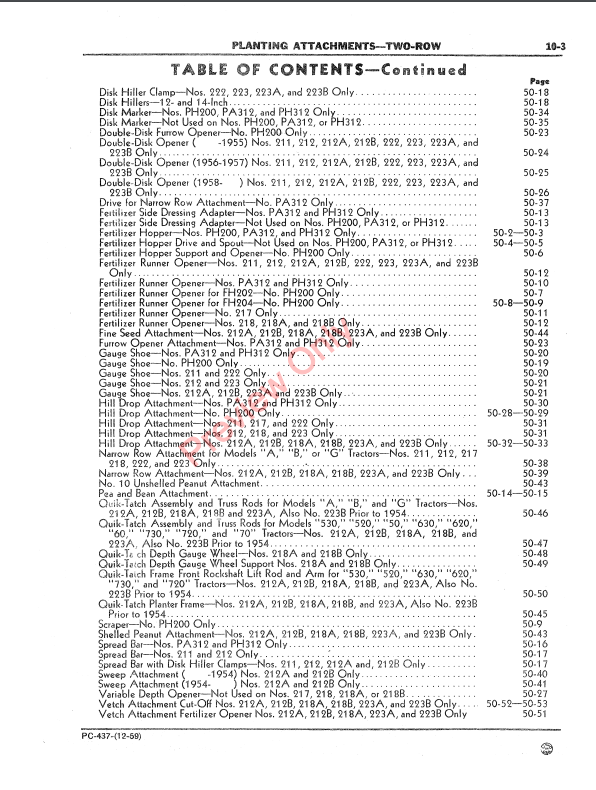 JOHN DEERE TWO-ROW PLANTING ATTACHMENTS PC437 - PARTS CATALOG MANUAL