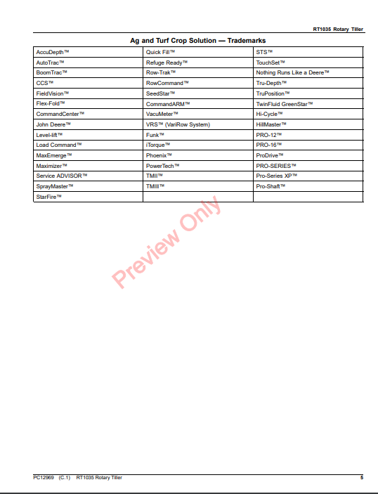 JOHN DEERE RT1035 ROTARY TILLER PC12969 - PARTS CATALOG MANUAL