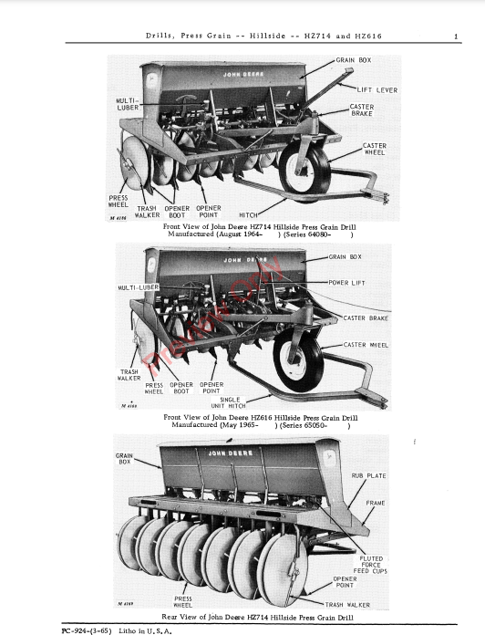 JOHN DEERE PRESS GRAIN DRILLS - HILLSIDE, HZ714, HZ616 PC924 - PARTS CATALOG MANUAL