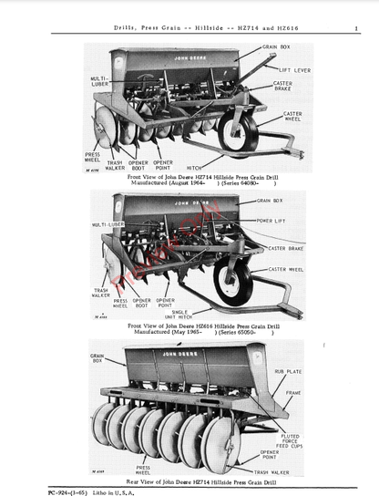 JOHN DEERE PRESS GRAIN DRILLS - HILLSIDE, HZ714, HZ616 PC924 - PARTS CATALOG MANUAL