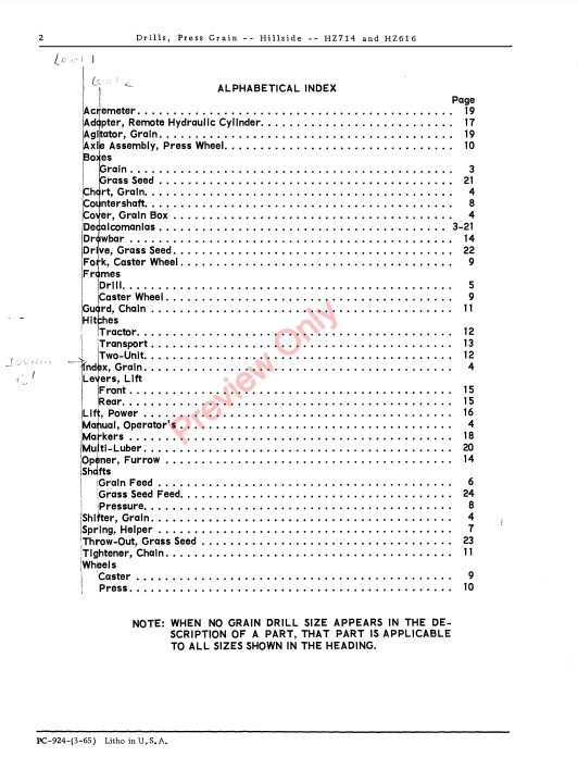 JOHN DEERE PRESS GRAIN DRILLS - HILLSIDE, HZ714, HZ616 PC924 - PARTS CATALOG MANUAL