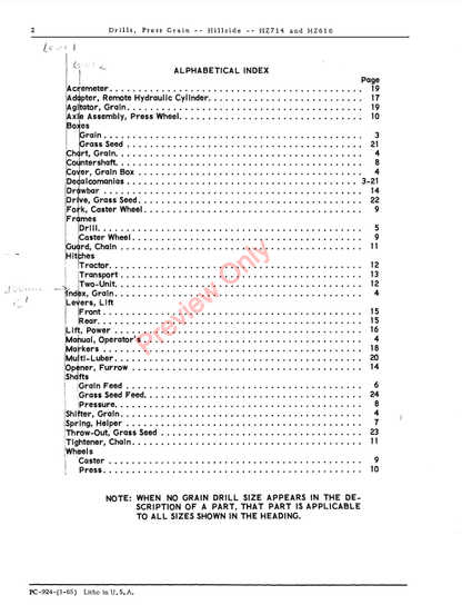 JOHN DEERE PRESS GRAIN DRILLS - HILLSIDE, HZ714, HZ616 PC924 - PARTS CATALOG MANUAL