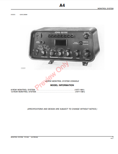 JOHN DEERE MONITROL SYSTEM CONSOLE - 8-ROW, 12-ROW PC1603 - PARTS CATALOG MANUAL