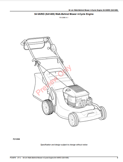 JOHN DEERE 54CM WALK-BEHIND MOWER 4-CYCLE ENGINE 54-VARIO (SA1405) PC4879 - PARTS CATALOG MANUAL