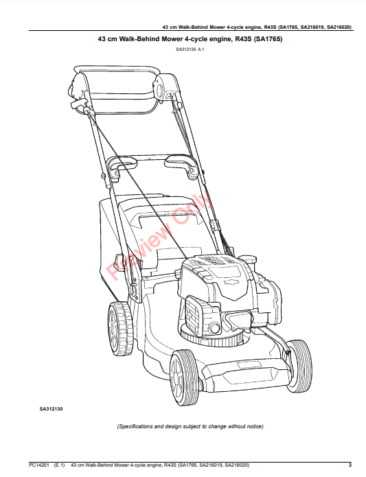 JOHN DEERE 43CM WALK-BEHIND MOWER 4-CYCLE ENGINE, R43S (SA1765, SA216019, SA216020) PC14201 - PARTS CATALOG MANUAL