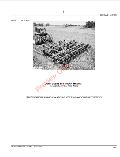 JOHN DEERE 550 MULCH MASTER PC769 - PARTS CATALOG MANUAL