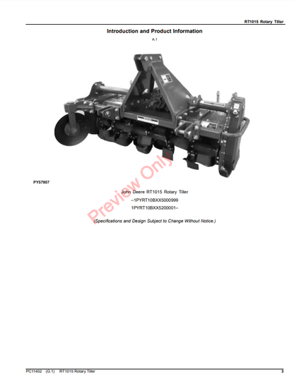 JOHN DEERE RT1015 ROTARY TILLER PC11402 - PARTS CATALOG MANUAL