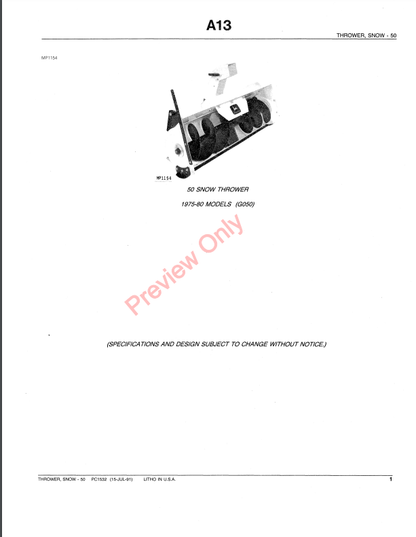 JOHN DEERE 50 SNOW THROWERS PC1532 - PARTS CATALOG MANUAL