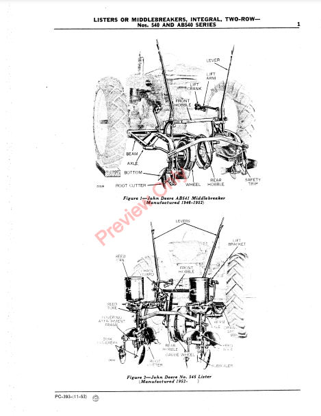 JOHN DEERE 540 SERIES LISTER, INTEGRAL PC393 - PARTS CATALOG MANUAL