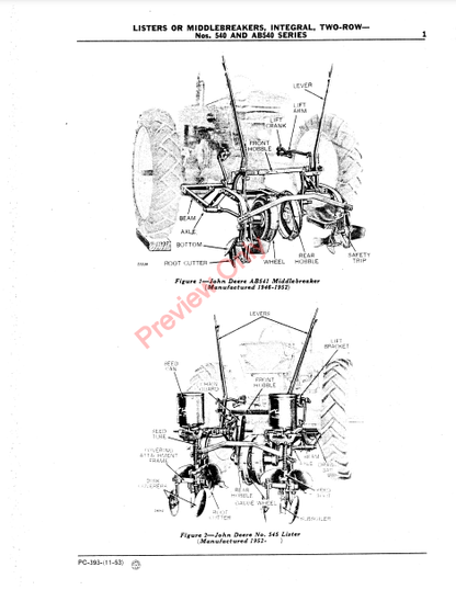 JOHN DEERE 540 SERIES LISTER, INTEGRAL PC393 - PARTS CATALOG MANUAL