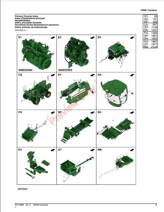 JOHN DEERE W540 COMBINE PC14366 - PARTS CATALOG MANUAL