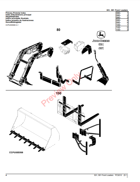 JOHN DEERE FRONT LOADERS 531, 551 (EUROPEAN EDITION) PC3212 - PARTS CATALOG MANUAL