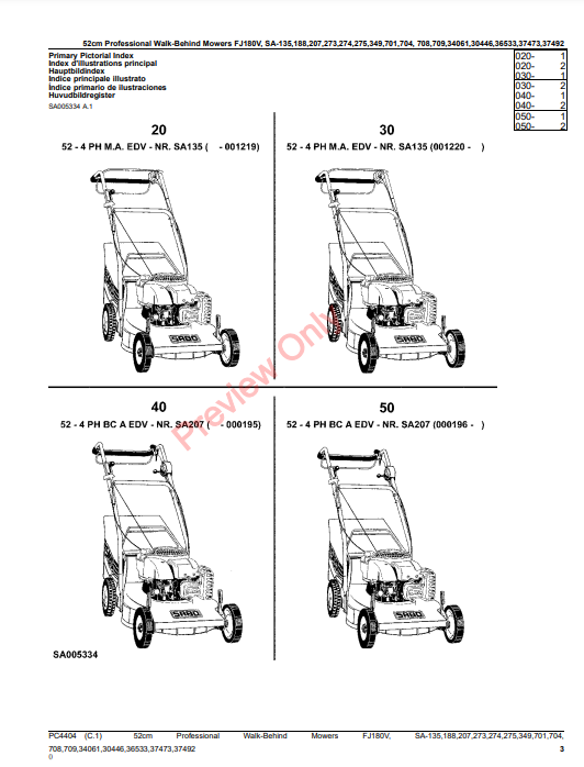 JOHN DEERE 52CM PROFESSIONAL WALK-BEHIND MOWERS 4-CYCLE ENGINE FJ180V, SA135, 188, 207, 273, 274, 275, 349, 701, 70 PC4404 - PARTS CATALOG MANUAL