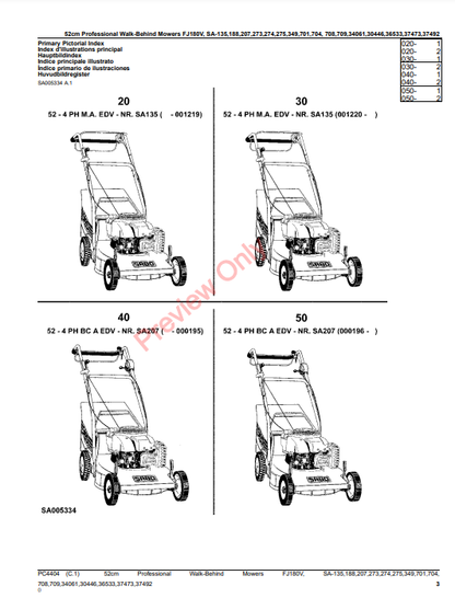 JOHN DEERE 52CM PROFESSIONAL WALK-BEHIND MOWERS 4-CYCLE ENGINE FJ180V, SA135, 188, 207, 273, 274, 275, 349, 701, 70 PC4404 - PARTS CATALOG MANUAL